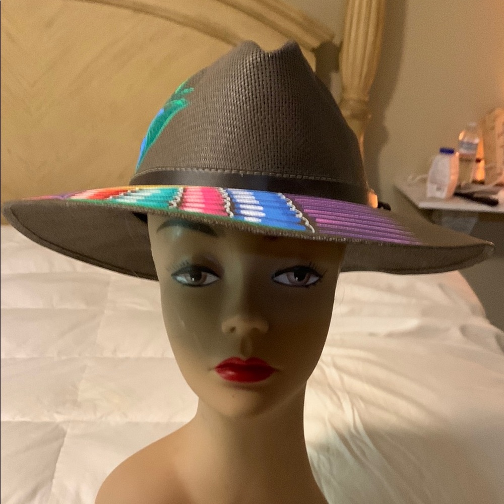 NEW.  Brown straw  Hat with Wide Brim and Colorful Band , good quality